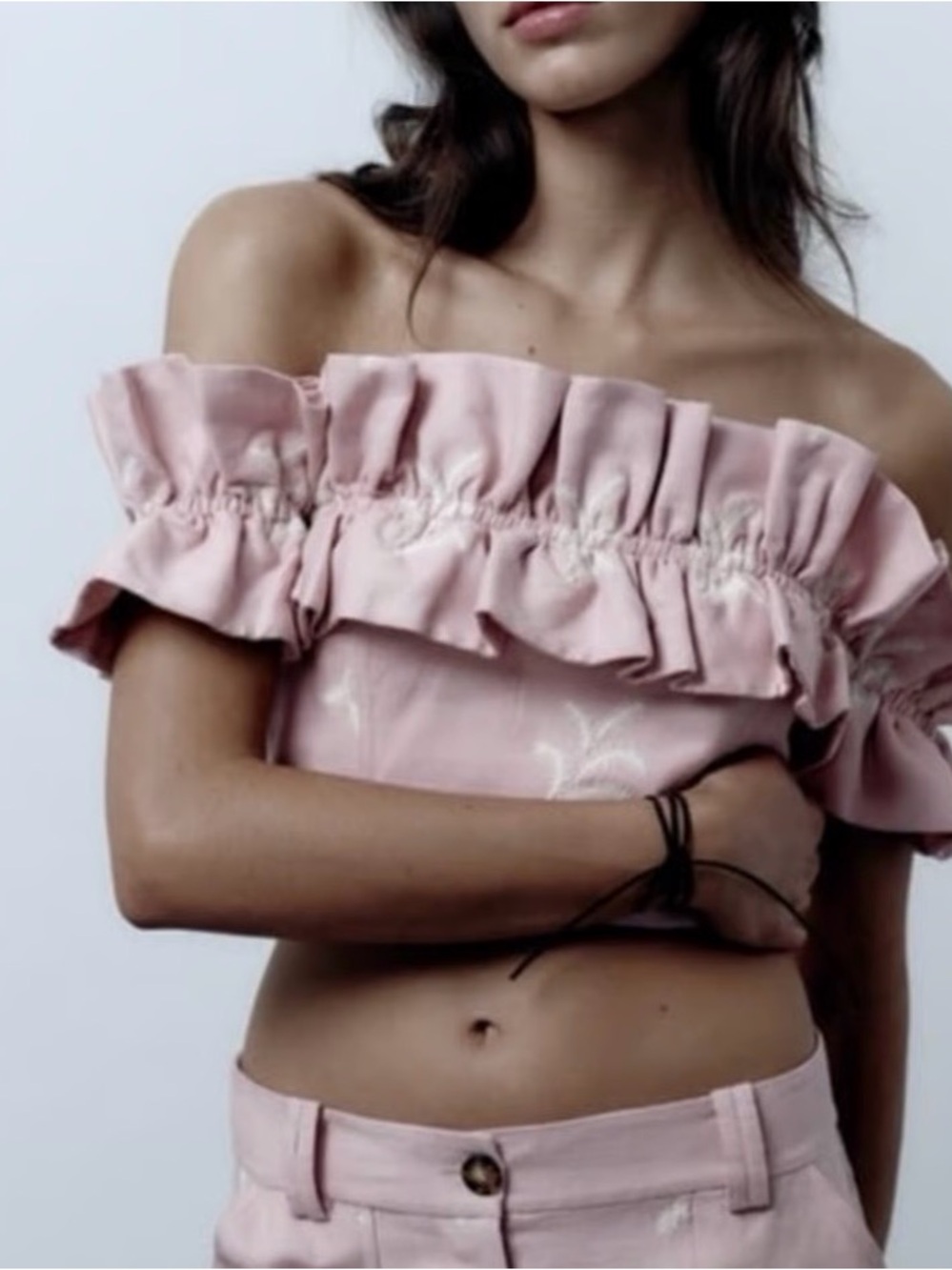 Zara Blush Pink Off-Shoulder Ruffle Crop Top